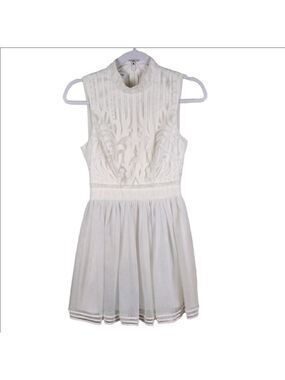 Bebe White Embroidered Layered Tulle Mandarin Collar Sleeveless Mini Shift Dress